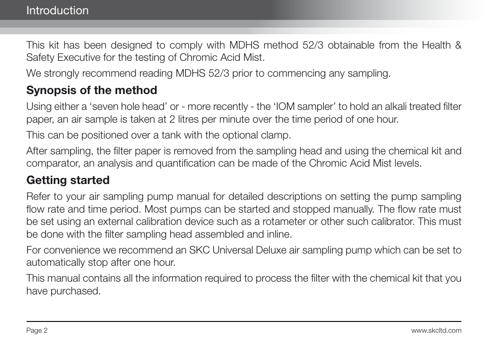 Introduction, Synopsis of the method, Getting started | SKC Limited Chromic Acid Test Kit User Manual | Page 4 / 20