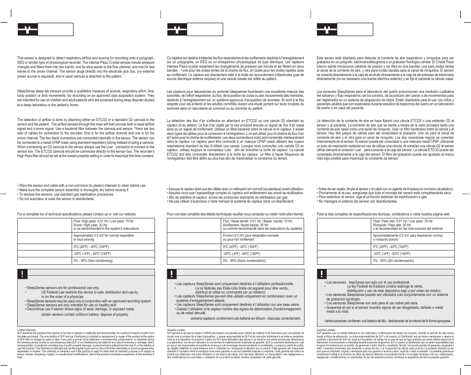 Pressure sensors | Sleep Sense 14833 AC Pressure Plus - Alice 5 Compatible User Manual | Page 2 / 2