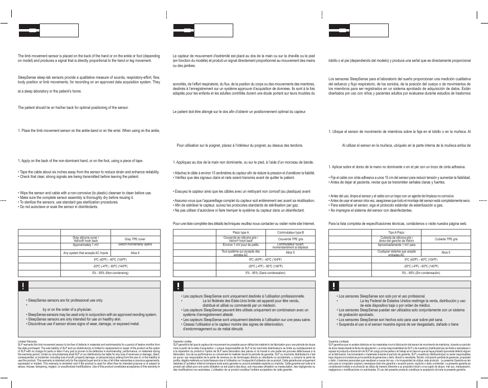 Movement sensors | Sleep Sense 1771 Piezo Limb Movement Sensor - Key User Manual | Page 2 / 2