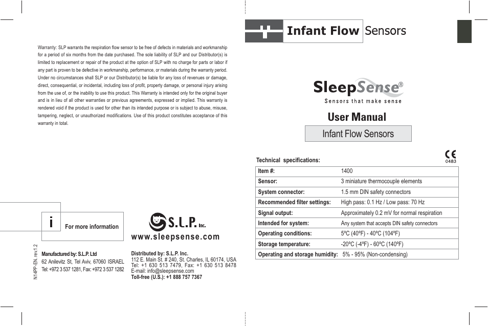 Sleep Sense 1400 Infant Thermal Flow Sensor User Manual | 2 pages