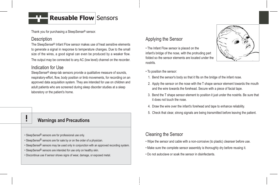Description, Indication for use, Applying the sensor | Cleaning the sensor, Warnings and precautions | Sleep Sense 1400 Infant Thermal Flow Sensor User Manual | Page 2 / 2
