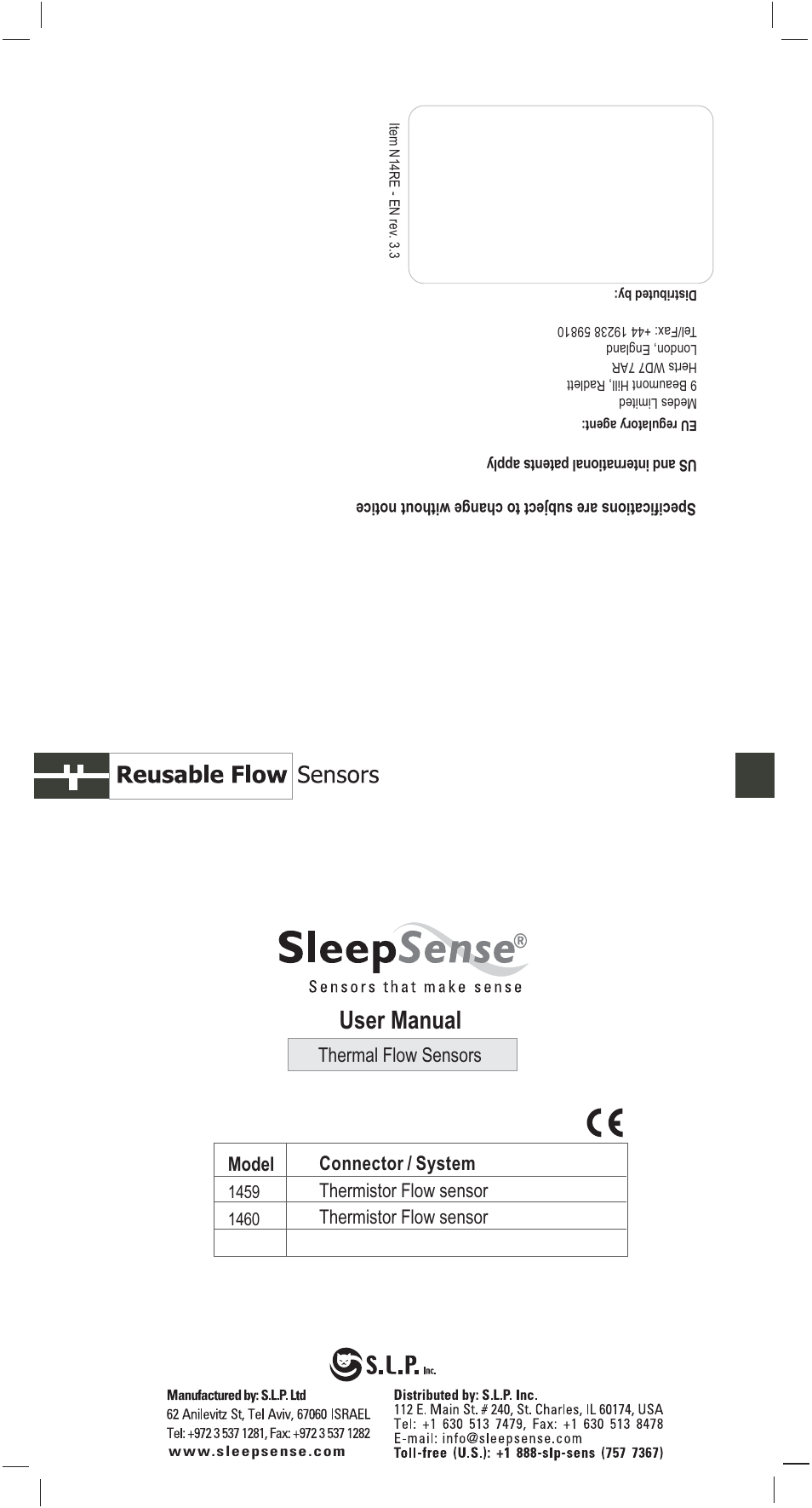 User manual, Model, Thermal flow sensors | Sleep Sense 1460 Thermistor Flow Sensor - Alice 4 User Manual | Page 2 / 2