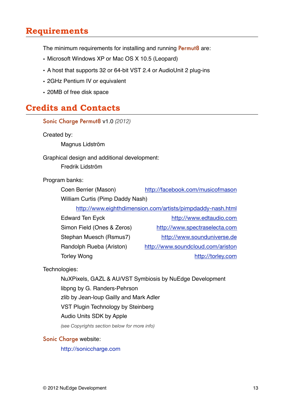 Requirements, Credits and contacts | Sonic Charge Permut8 User Manual | Page 13 / 14