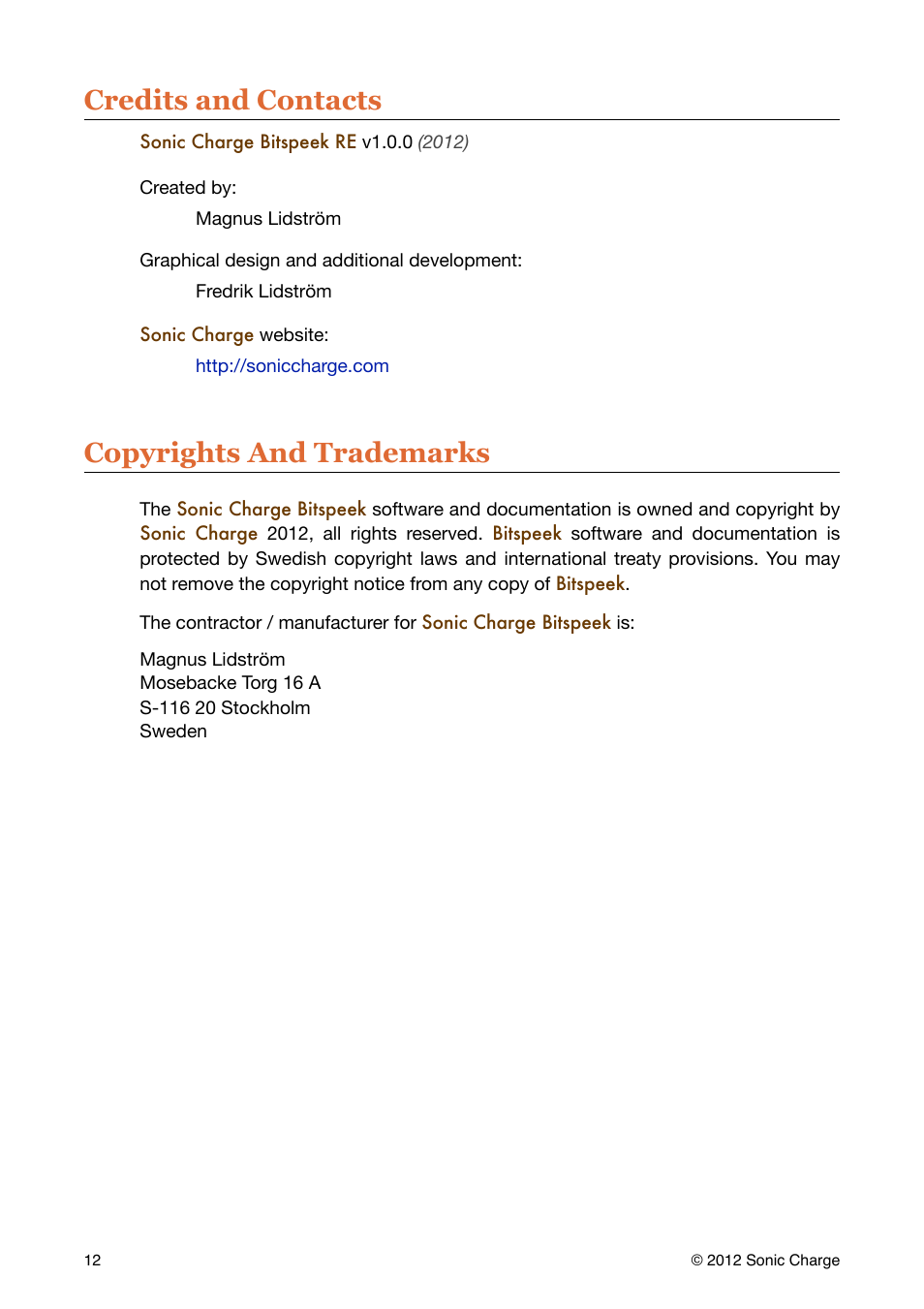 Credits and contacts, Copyrights and trademarks | Sonic Charge Bitspeek RE User Manual | Page 12 / 12