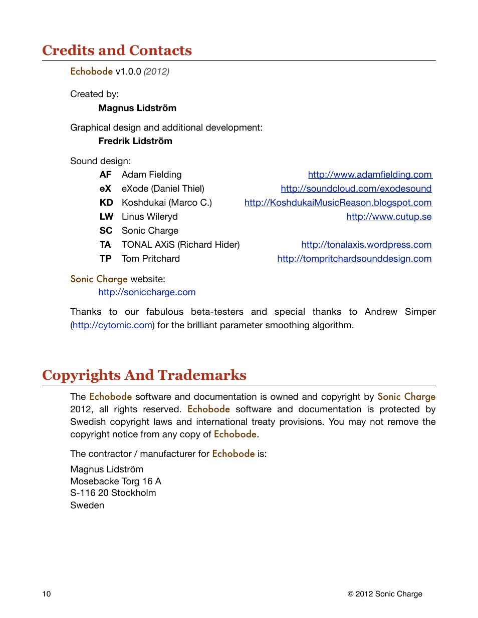 Credits and contacts, Copyrights and trademarks | Sonic Charge Echobode User Manual | Page 10 / 10