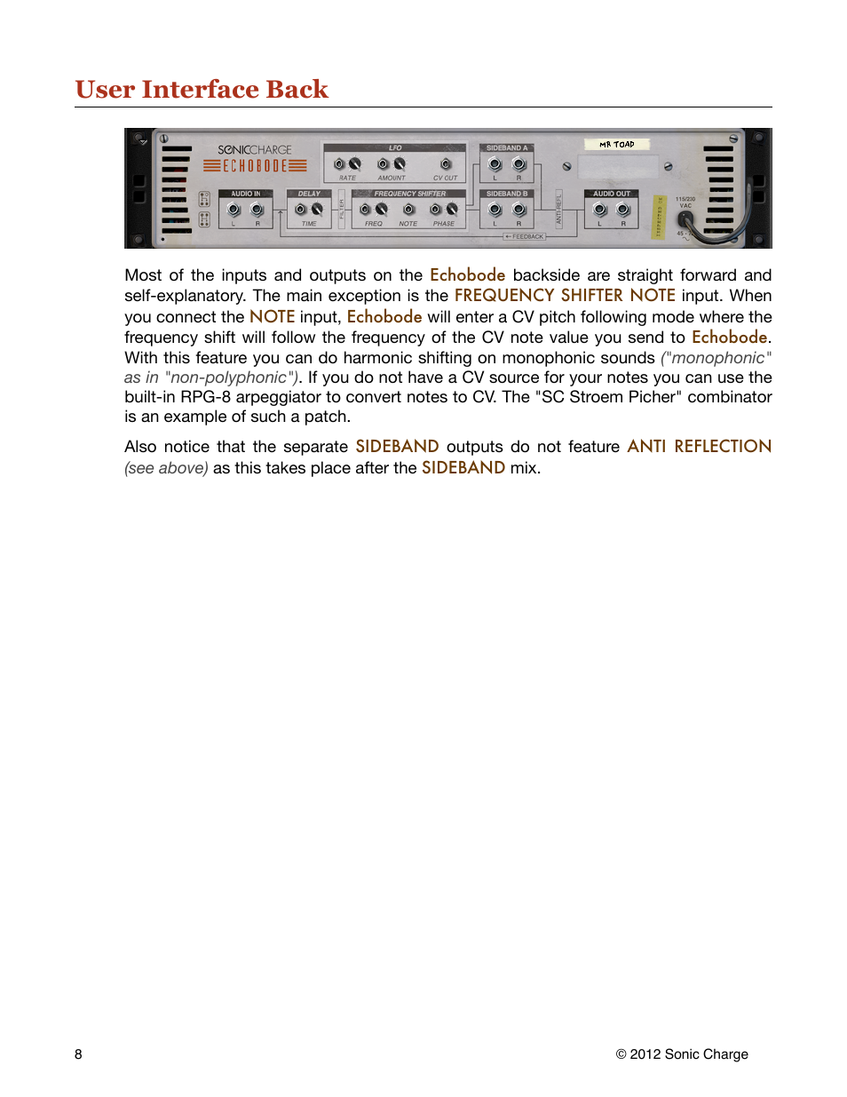 User interface back | Sonic Charge Echobode User Manual | Page 8 / 10