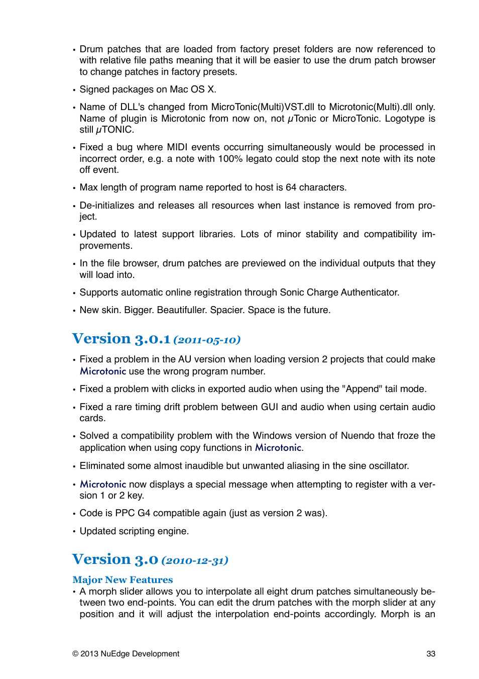 Version 3.0.1, Version 3.0 | Sonic Charge Microtonic User Manual | Page 33 / 40