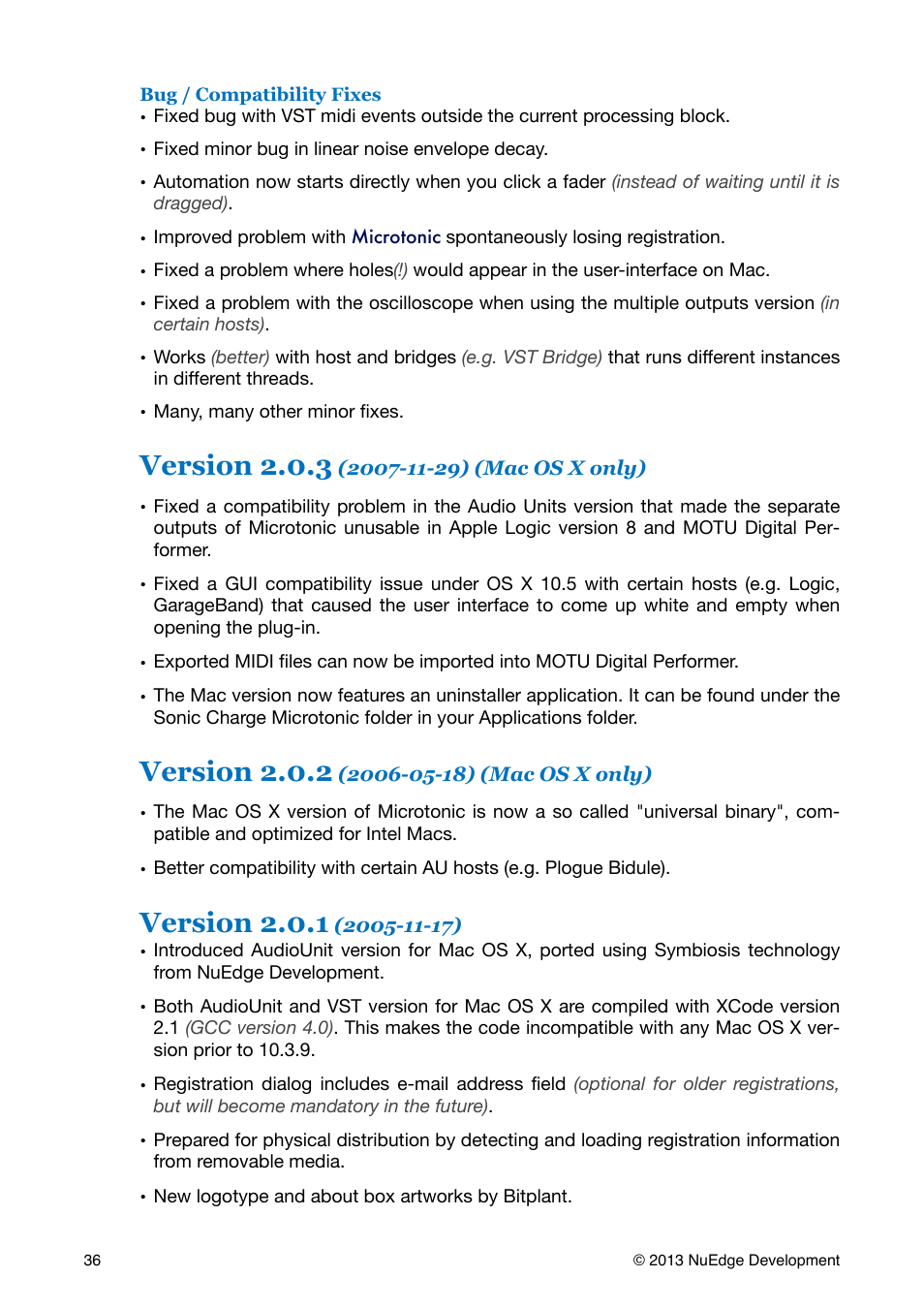 Version 2.0.3, Version 2.0.2, Version 2.0.1 | Sonic Charge Microtonic User Manual | Page 36 / 40