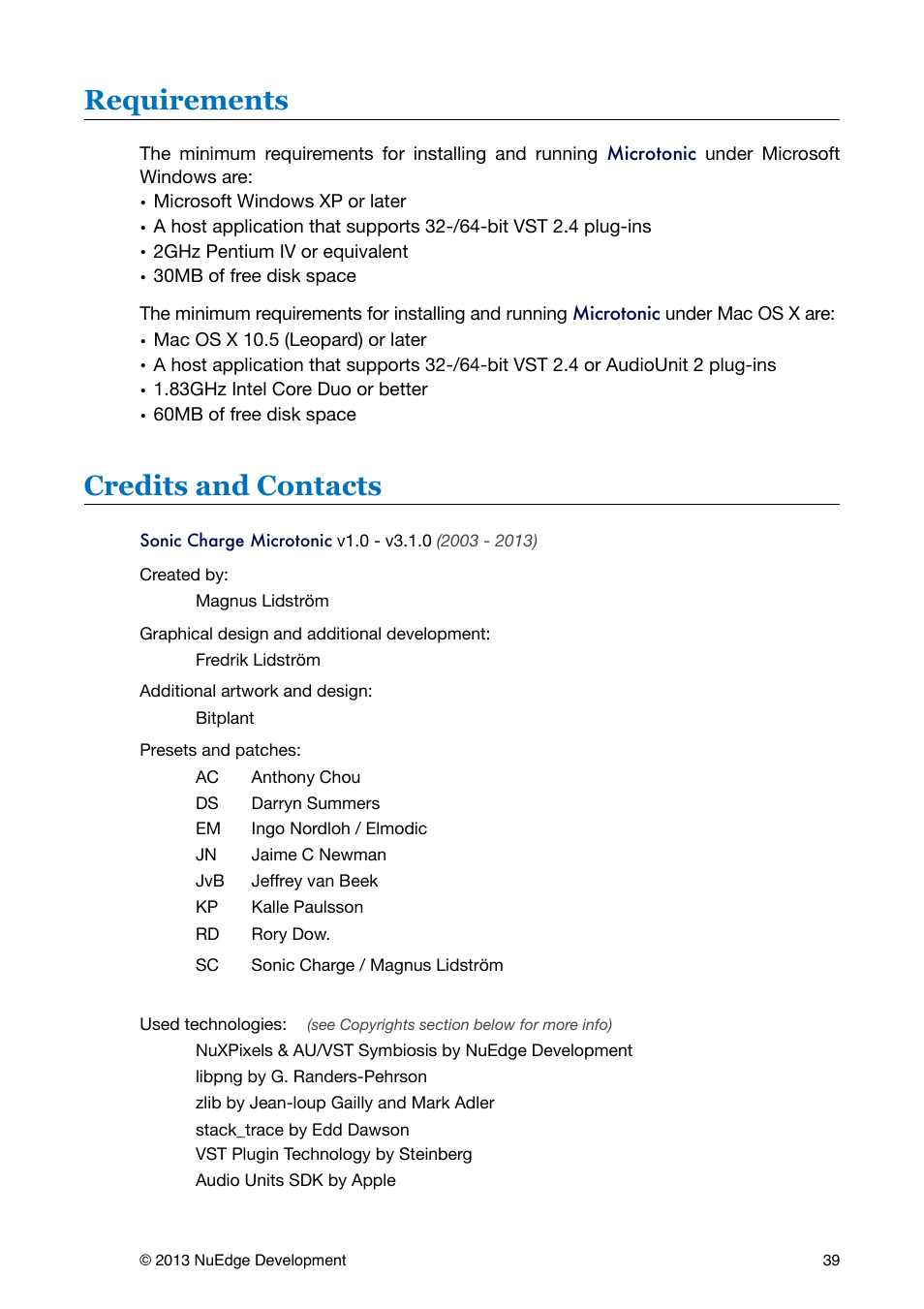 Requirements, Credits and contacts | Sonic Charge Microtonic User Manual | Page 39 / 40