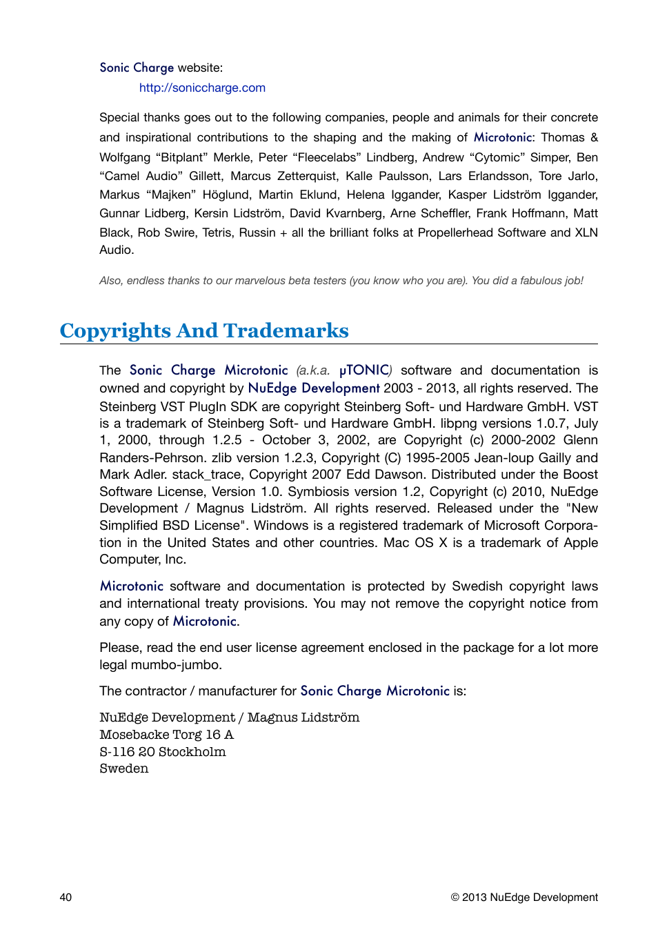 Copyrights and trademarks | Sonic Charge Microtonic User Manual | Page 40 / 40