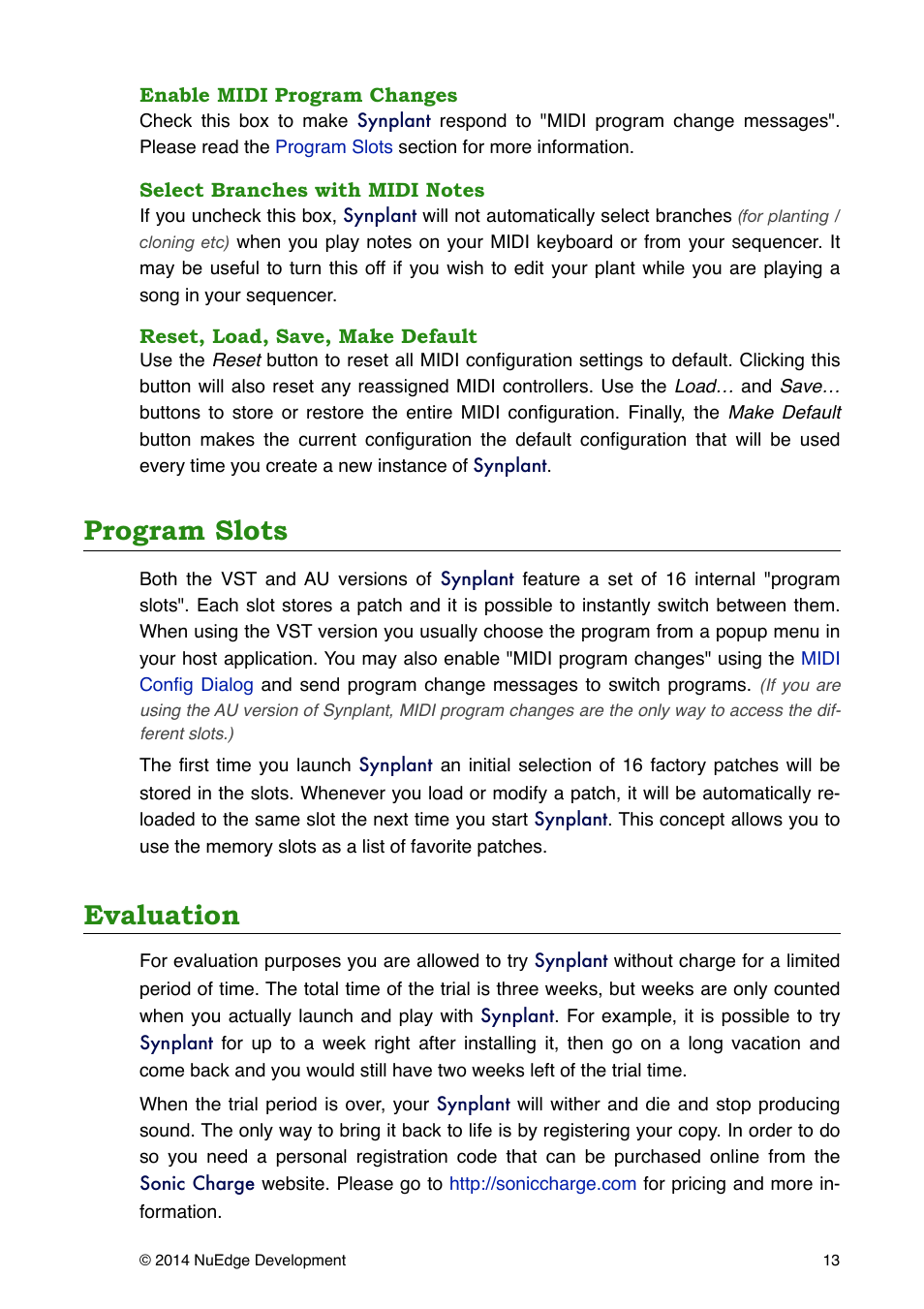 Program slots, Evaluation | Sonic Charge Synplant User Manual | Page 13 / 21