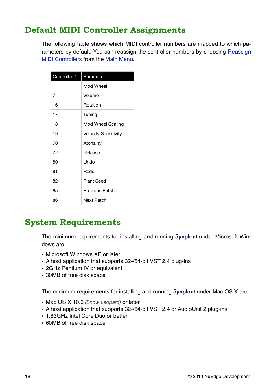 Default midi controller assignments, System requirements | Sonic Charge Synplant User Manual | Page 18 / 21