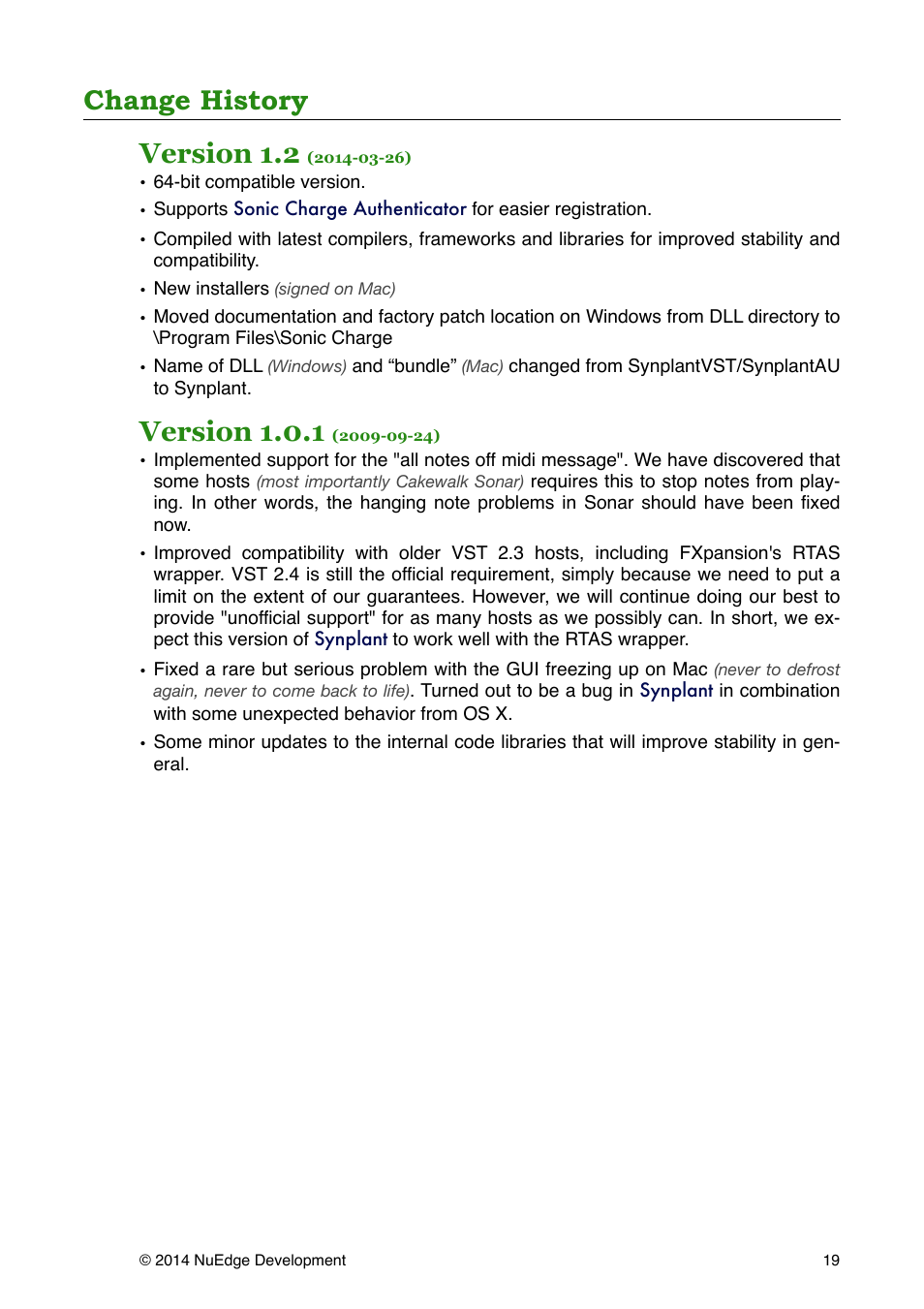 Change history, Change history version 1.2, Version 1.0.1 | Sonic Charge Synplant User Manual | Page 19 / 21
