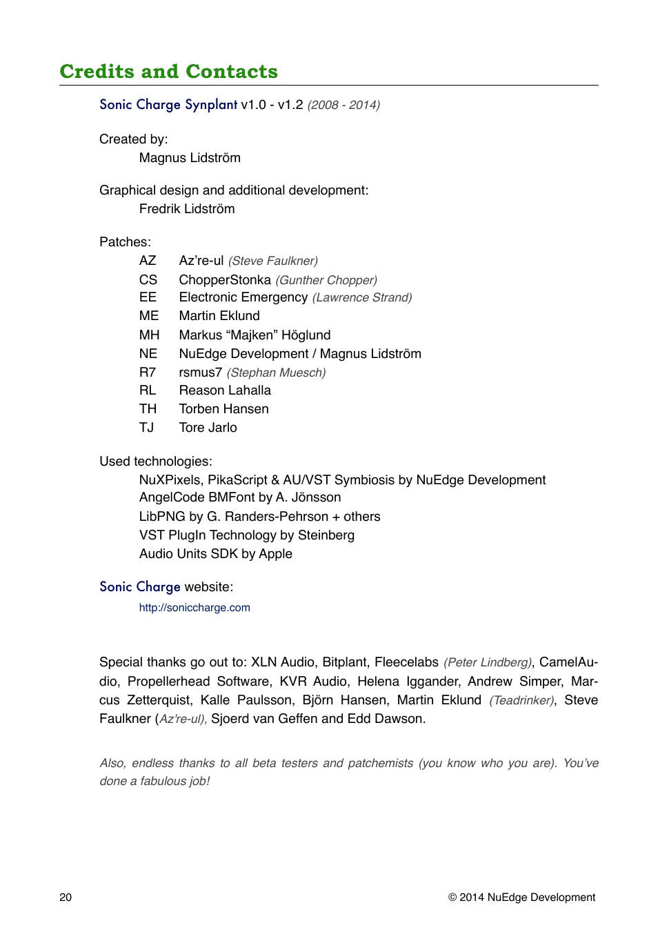 Credits and contacts | Sonic Charge Synplant User Manual | Page 20 / 21
