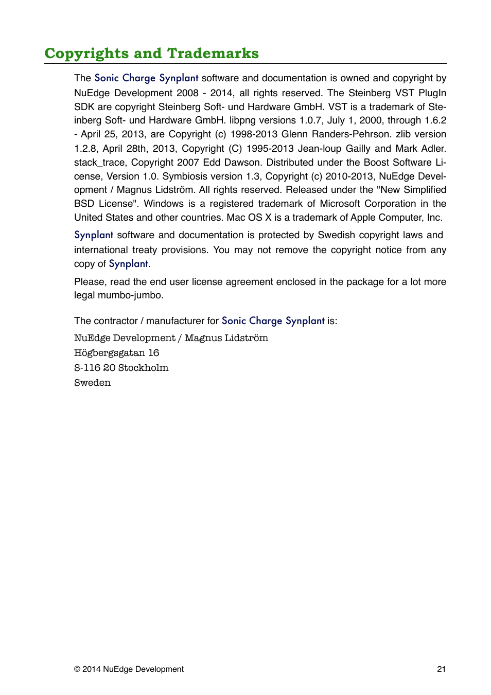 Copyrights and trademarks | Sonic Charge Synplant User Manual | Page 21 / 21
