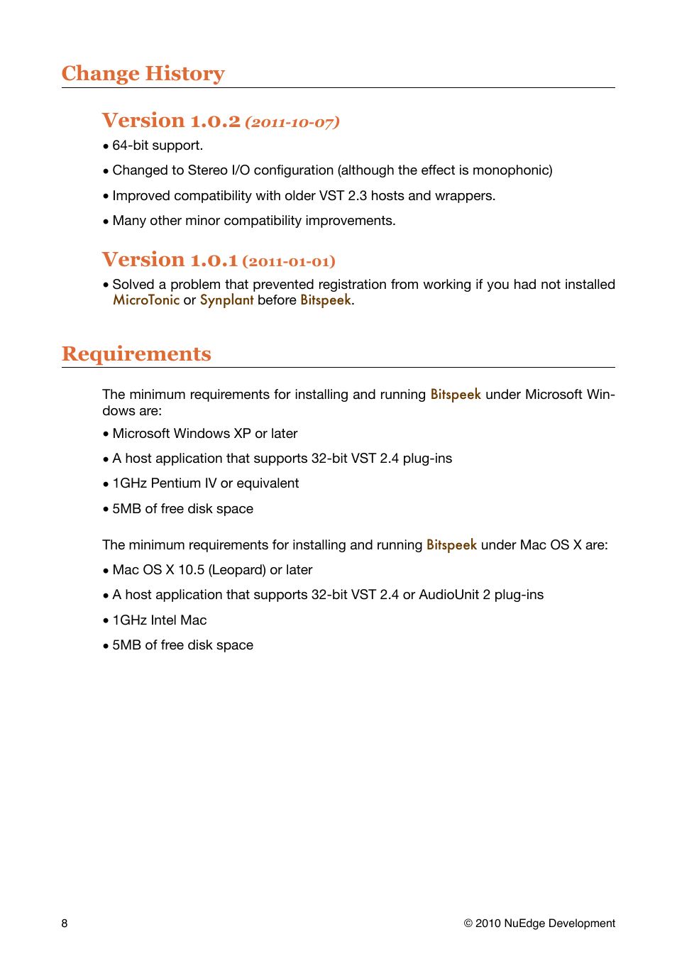 Change history, Requirements, Change history version 1.0.2 | Version 1.0.1 | Sonic Charge Bitspeek User Manual | Page 8 / 9