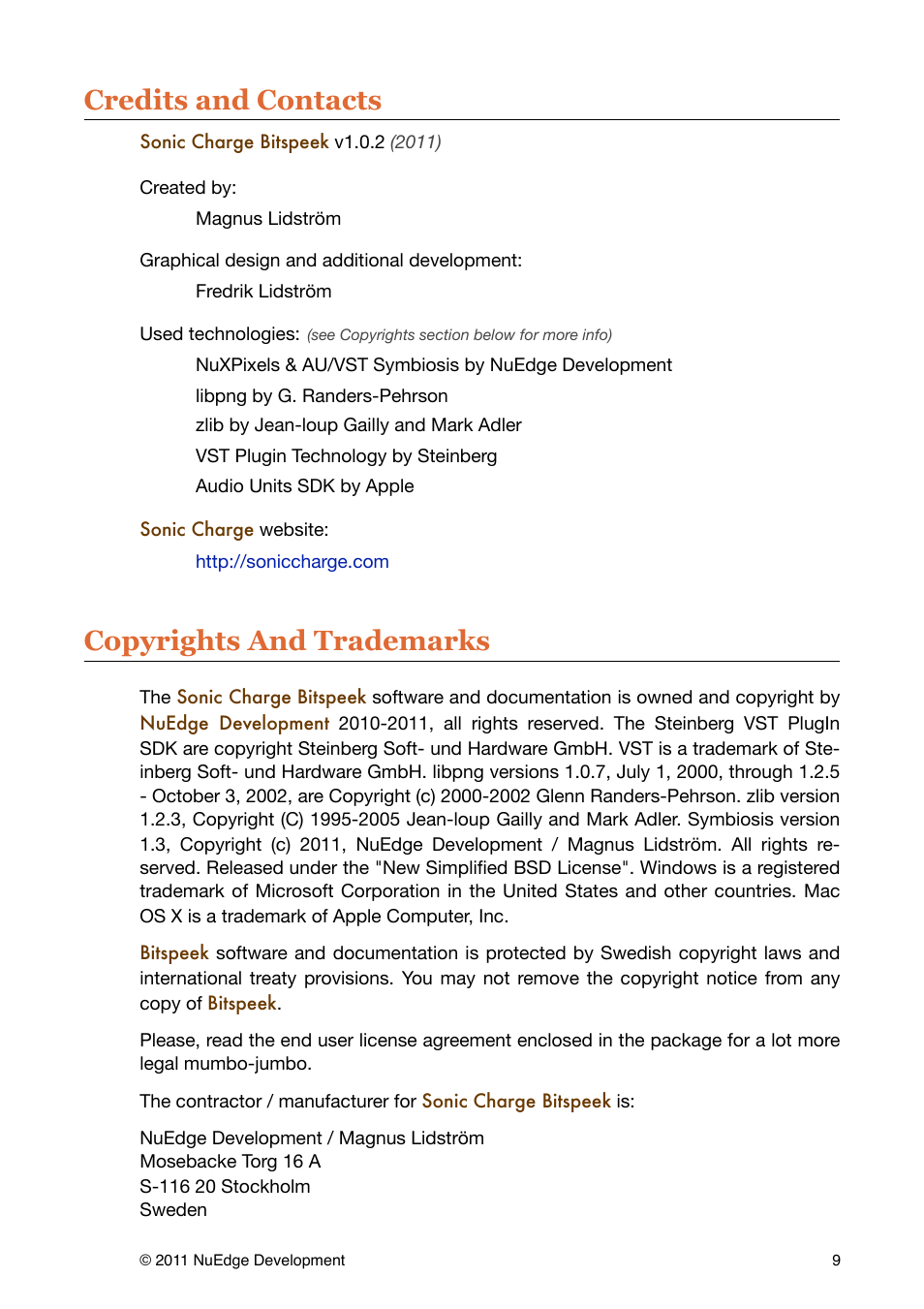 Credits and contacts, Copyrights and trademarks | Sonic Charge Bitspeek User Manual | Page 9 / 9