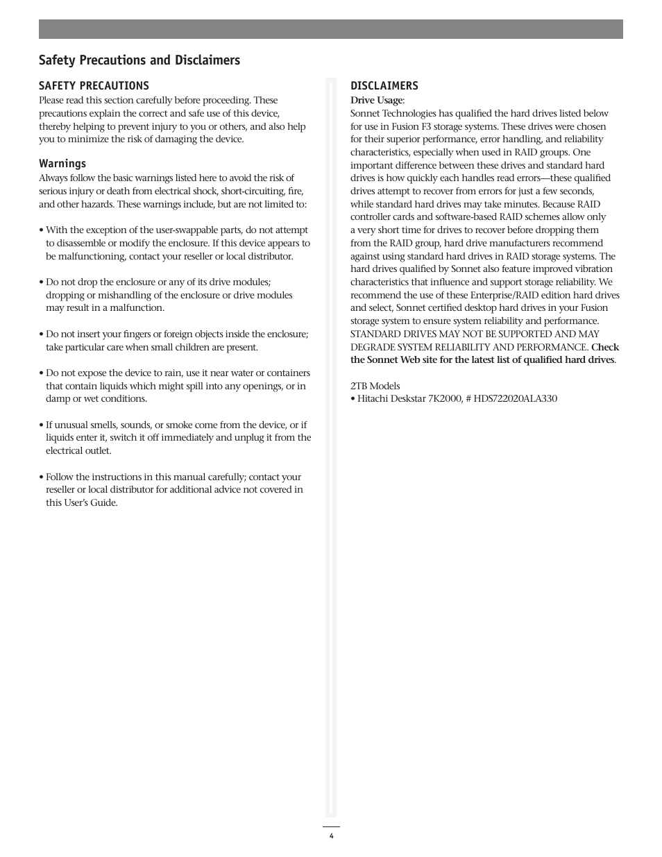 Safety precautions and disclaimers | Sonnet Technologies Fusion F3 User Manual | Page 4 / 8