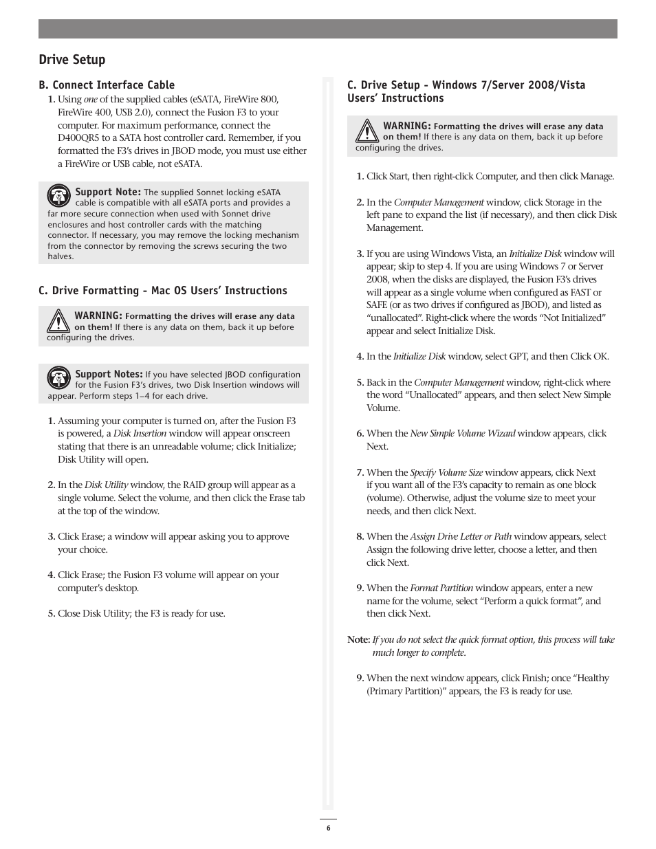 Drive setup | Sonnet Technologies Fusion F3 User Manual | Page 6 / 8