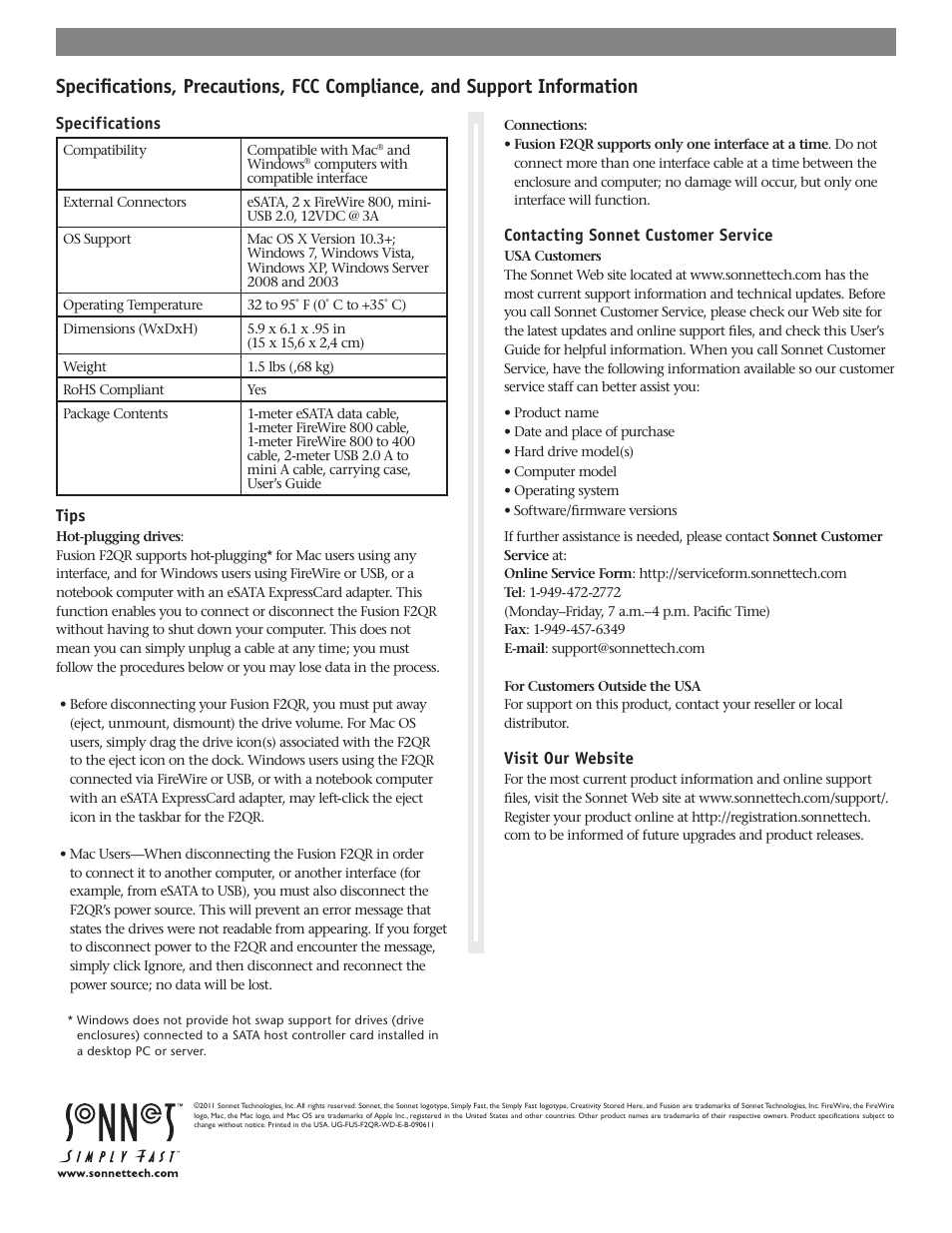 Sonnet Technologies Fusion F2QR User Manual | Page 10 / 10