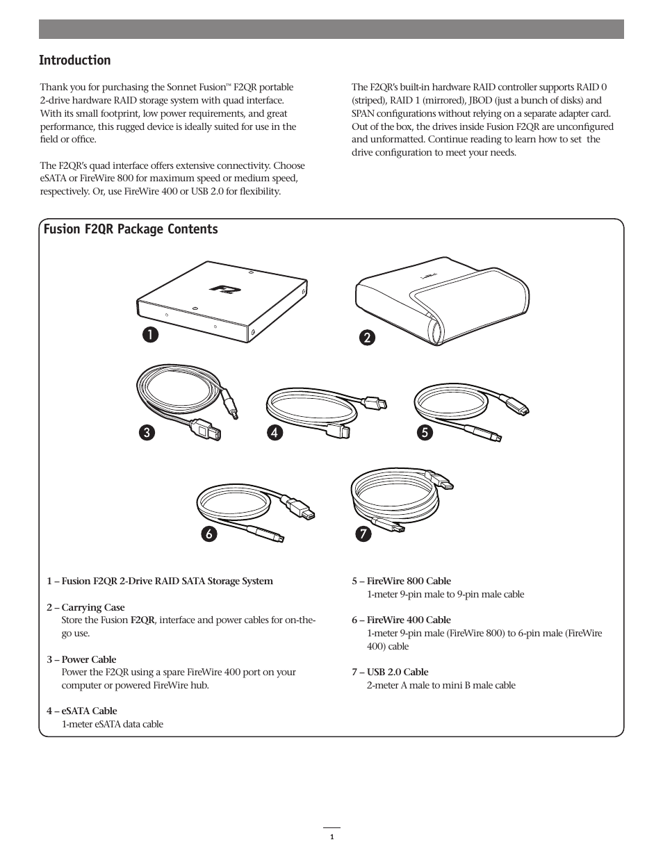 Introduction, Fusion f2qr package contents | Sonnet Technologies Fusion F2QR User Manual | Page 3 / 10