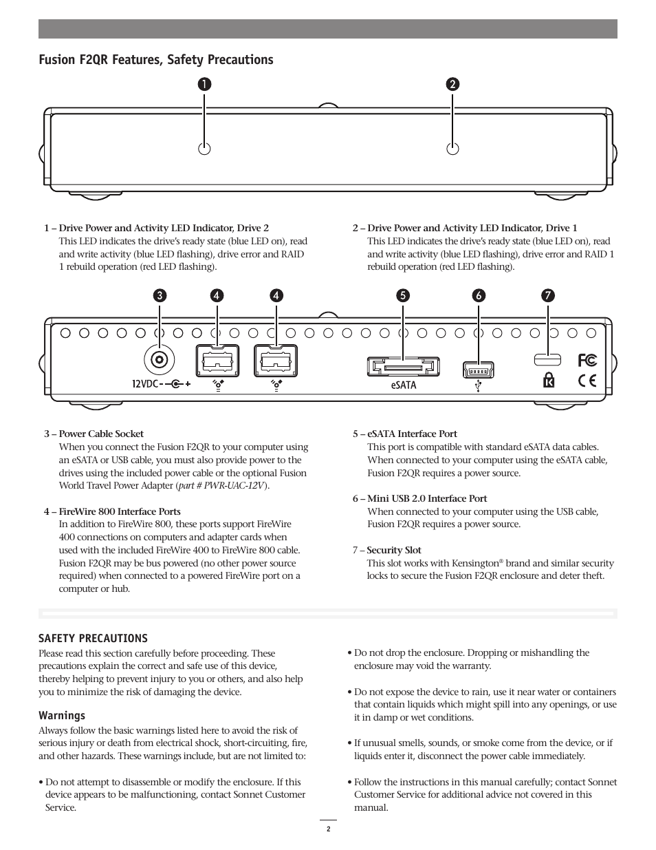 Fusion f2qr features, safety precautions | Sonnet Technologies Fusion F2QR User Manual | Page 4 / 10