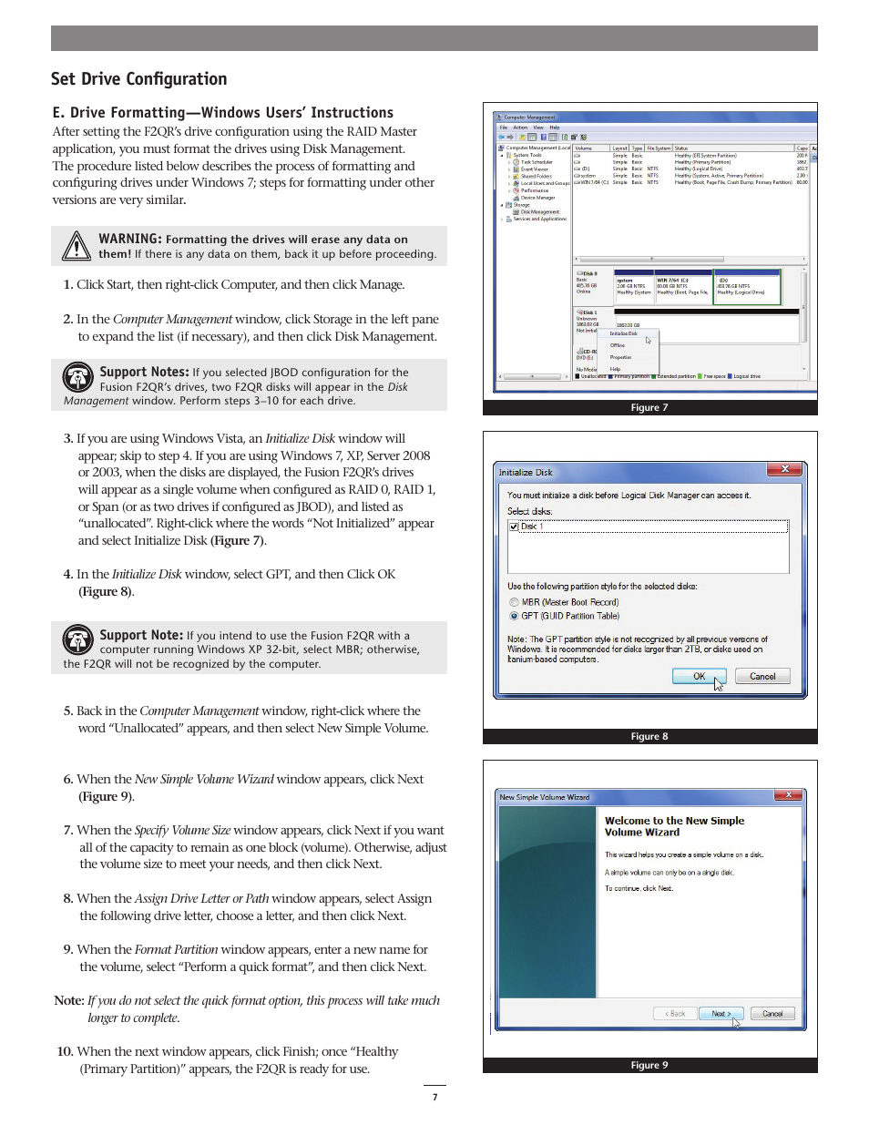 Set drive configuration, E. drive formatting—windows users’ instructions | Sonnet Technologies Fusion F2QR User Manual | Page 9 / 10