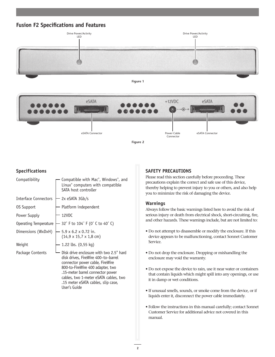 Fusion f2 specifications and features | Sonnet Technologies Fusion F2 User Manual | Page 2 / 6