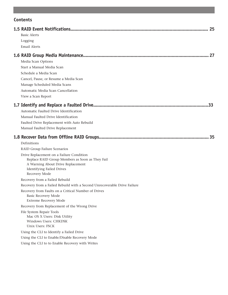 Contents 1.5 raid event notifications, 6 raid group media maintenance, 7 identify and replace a faulted drive | 8 recover data from offline raid groups | Sonnet Technologies Fusion RAID Configuration Tool and Utilities Operation Manual User Manual | Page 4 / 82