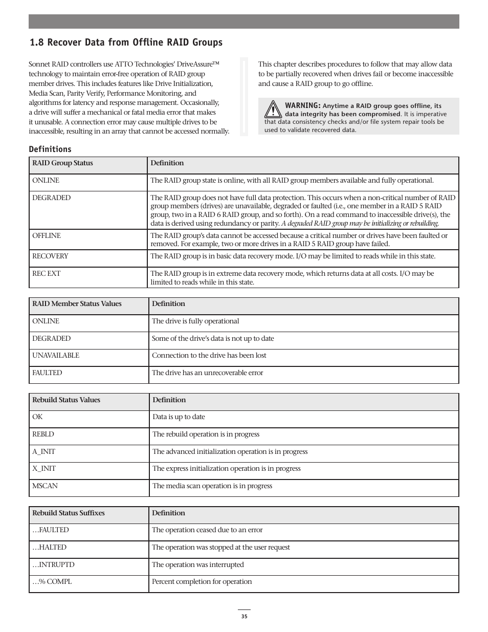 8 recover data from offline raid groups | Sonnet Technologies Fusion RAID Configuration Tool and Utilities Operation Manual User Manual | Page 41 / 82