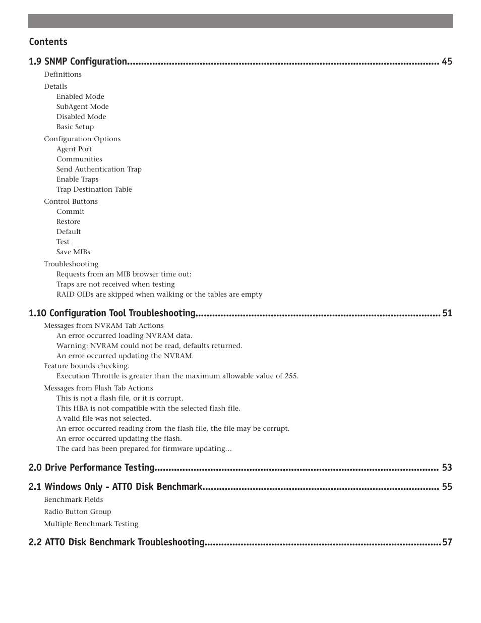 Contents 1.9 snmp configuration, 10 configuration tool troubleshooting, 2 atto disk benchmark troubleshooting | Sonnet Technologies Fusion RAID Configuration Tool and Utilities Operation Manual User Manual | Page 5 / 82