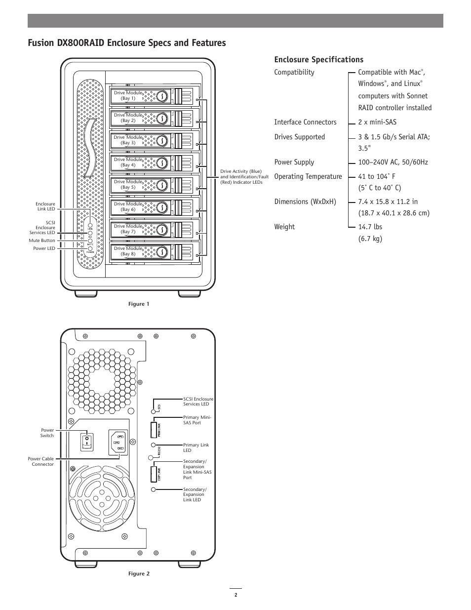 Fusion dx800raid enclosure specs and features, Enclosure specifications, Compatibility compatible with mac | Windows, And linux | Sonnet Technologies Fusion DX800RAID (Without Drives) User Manual | Page 2 / 8