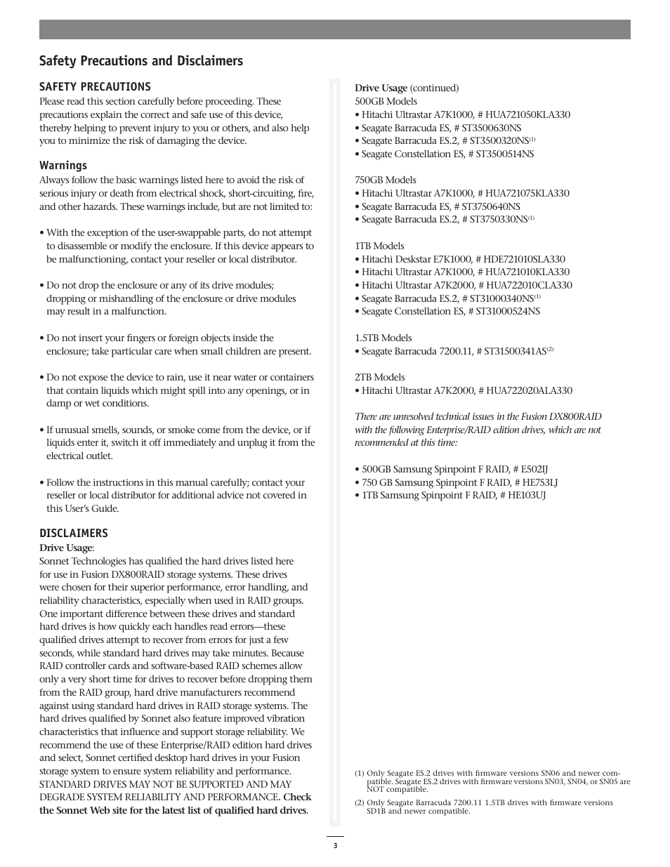 Safety precautions and disclaimers, Safety precautions, Warnings | Disclaimers | Sonnet Technologies Fusion DX800RAID (Without Drives) User Manual | Page 3 / 8