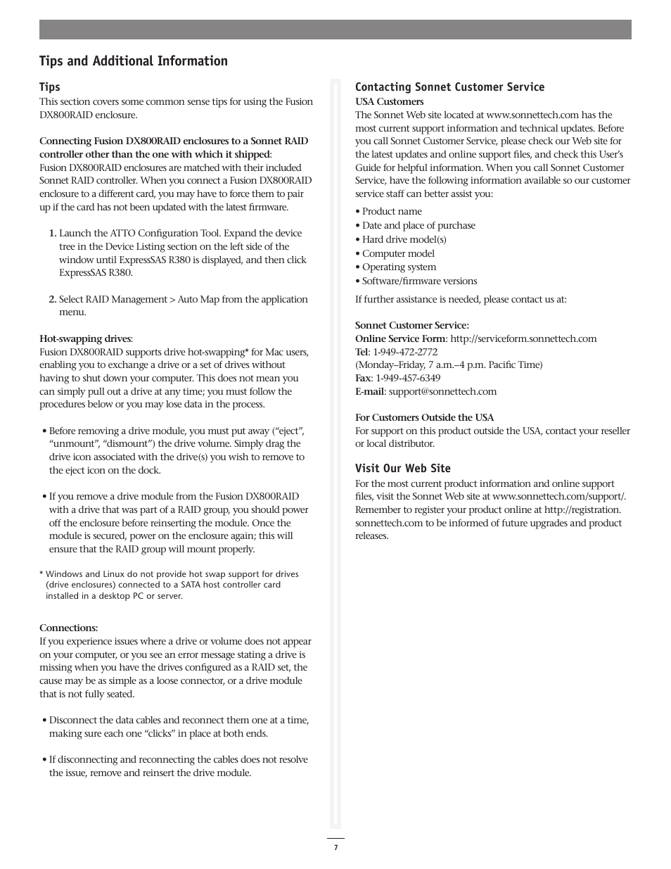 Tips and additional information | Sonnet Technologies Fusion DX800RAID (Without Drives) User Manual | Page 7 / 8