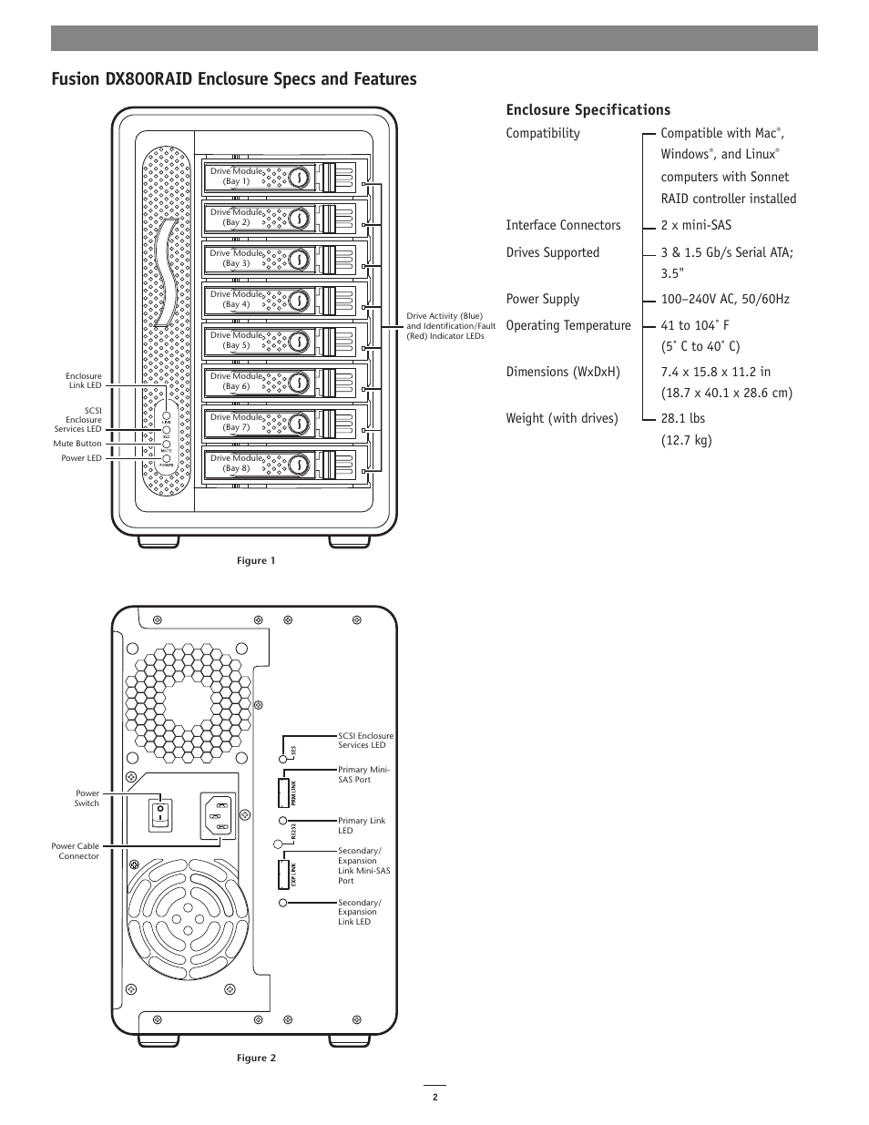 Fusion dx800raid enclosure specs and features, Enclosure specifications, Compatibility compatible with mac | Windows, And linux | Sonnet Technologies Fusion DX800RAID (With Drives) User Manual | Page 2 / 6