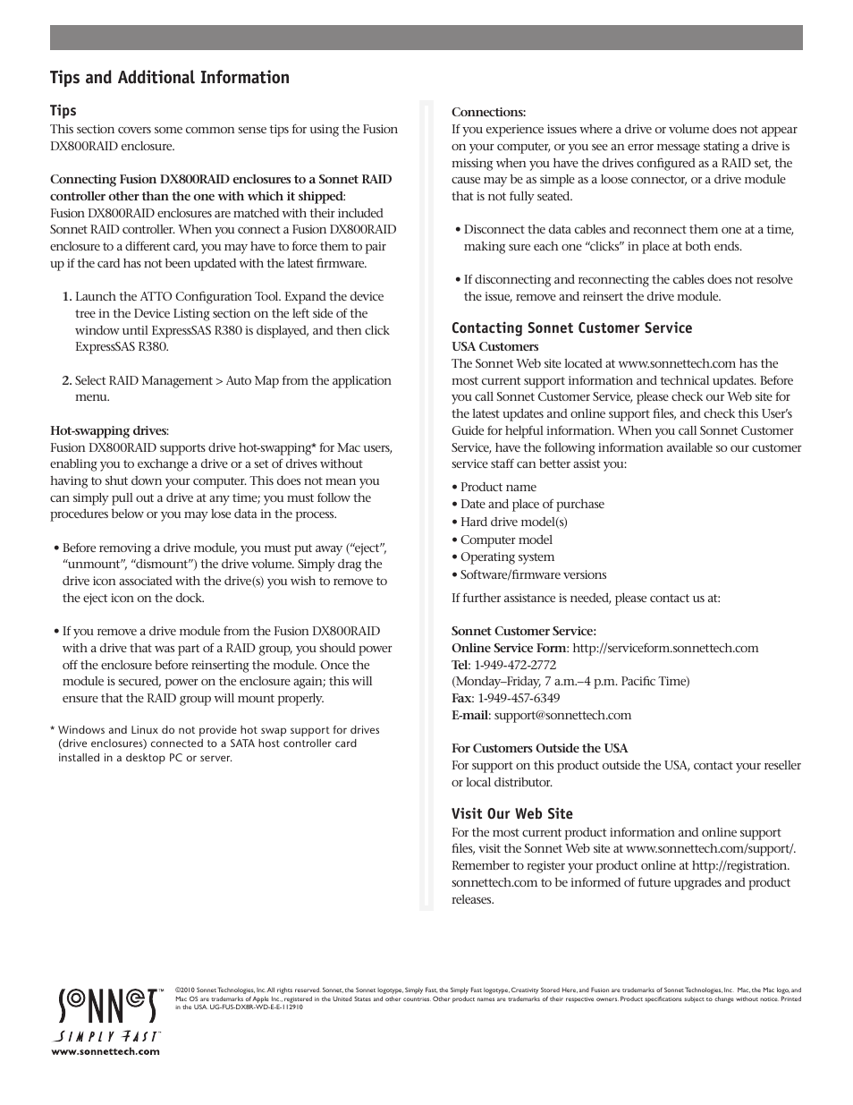 Tips and additional information | Sonnet Technologies Fusion DX800RAID (With Drives) User Manual | Page 6 / 6