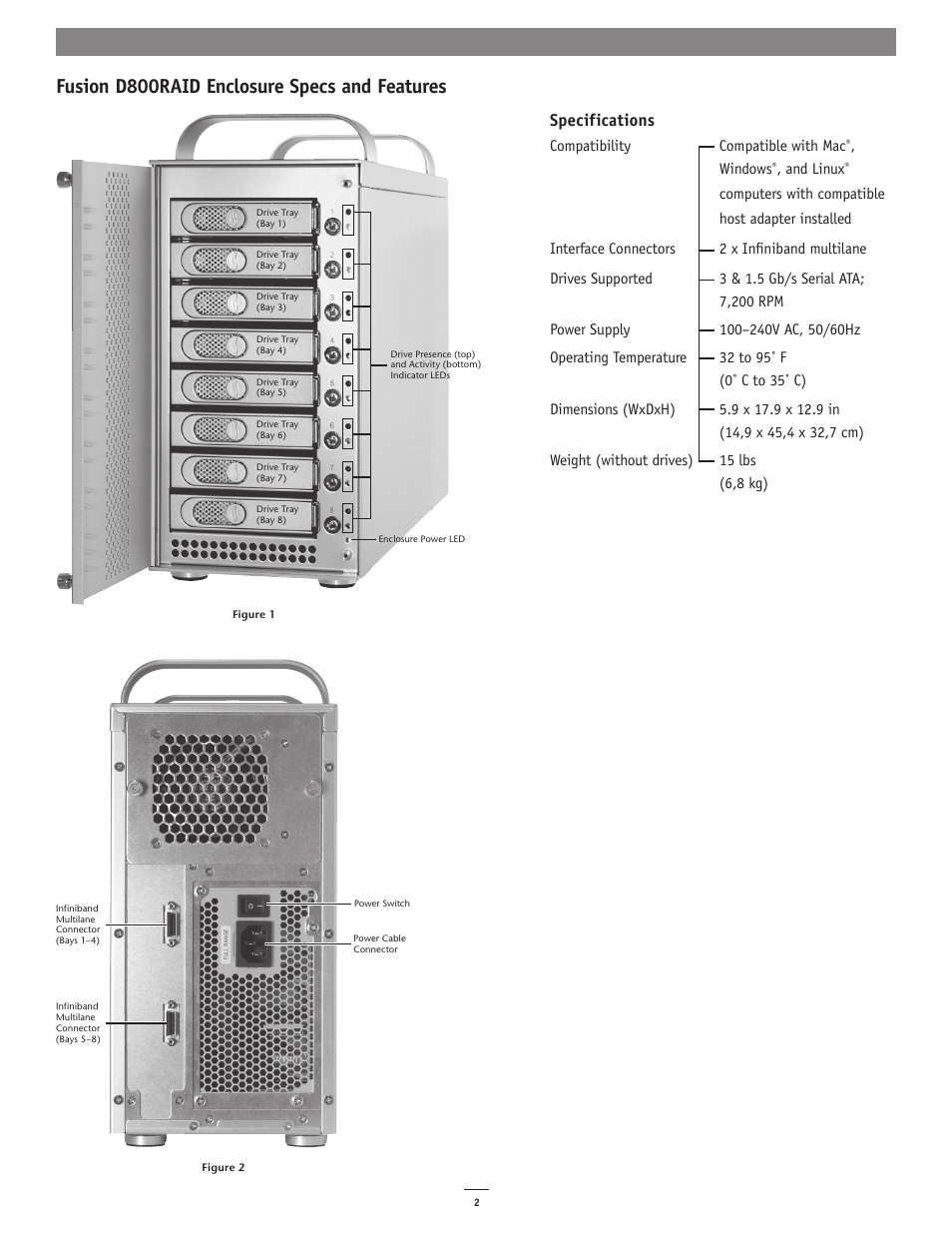 Fusion d800raid enclosure specs and features, Specifications | Sonnet Technologies Fusion D800RAID (Without Drives) User Manual | Page 2 / 6