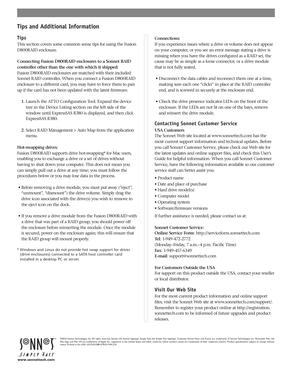 Tips and additional information | Sonnet Technologies Fusion D800RAID (Without Drives) User Manual | Page 6 / 6