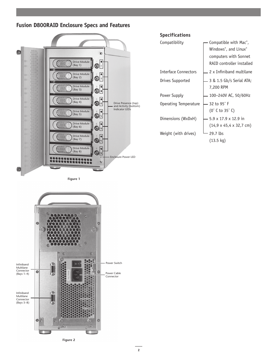 Fusion d800raid enclosure specs and features, Specifications | Sonnet Technologies Fusion D800RAID (With Drives) User Manual | Page 2 / 6