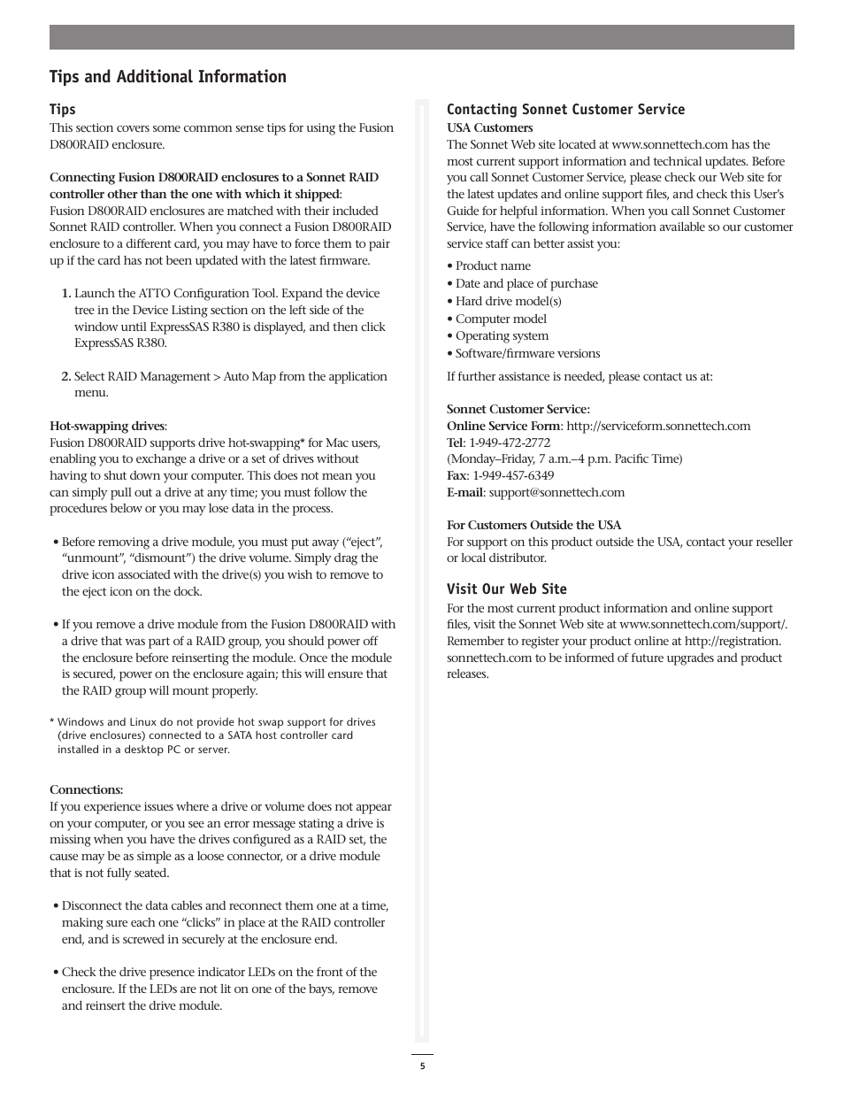 Tips and additional information | Sonnet Technologies Fusion D800RAID (With Drives) User Manual | Page 5 / 6