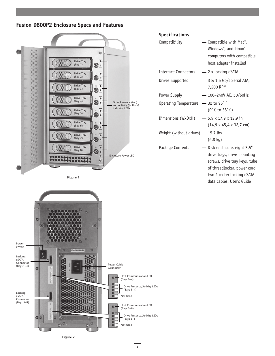 Fusion d800p2 enclosure specs and features, Specifications | Sonnet Technologies Fusion D800P2 (Without Drives) User Manual | Page 2 / 6