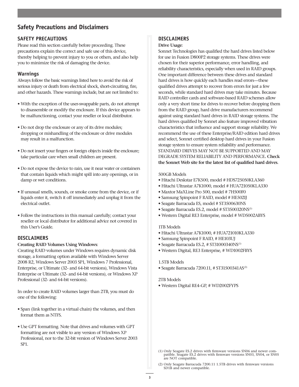 Safety precautions and disclaimers, Safety precautions, Warnings | Disclaimers | Sonnet Technologies Fusion D800P2 (With Drives) User Manual | Page 3 / 6