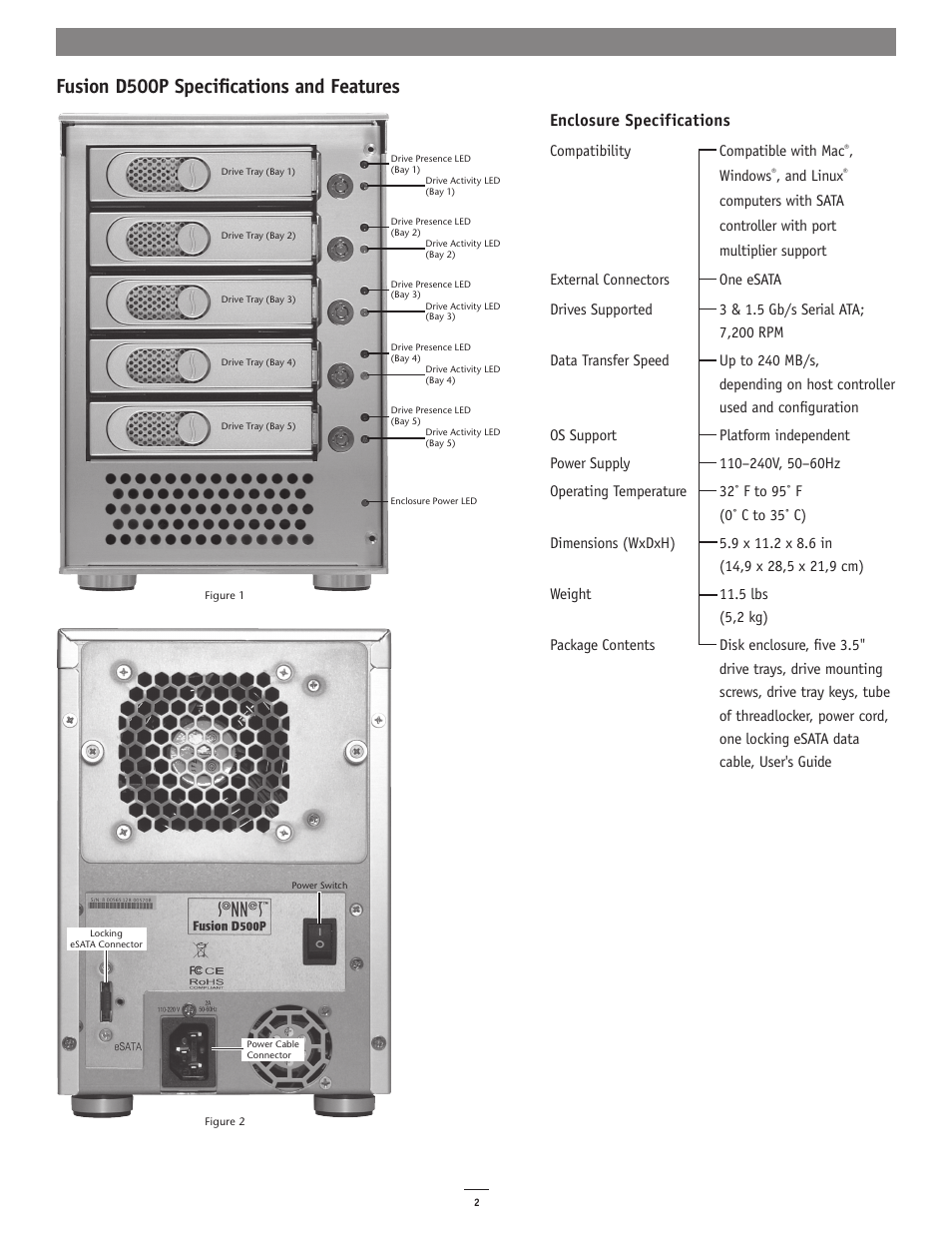 Fusion d500p specifications and features, Enclosure specifications | Sonnet Technologies Fusion D500P (Without Drives) User Manual | Page 2 / 6