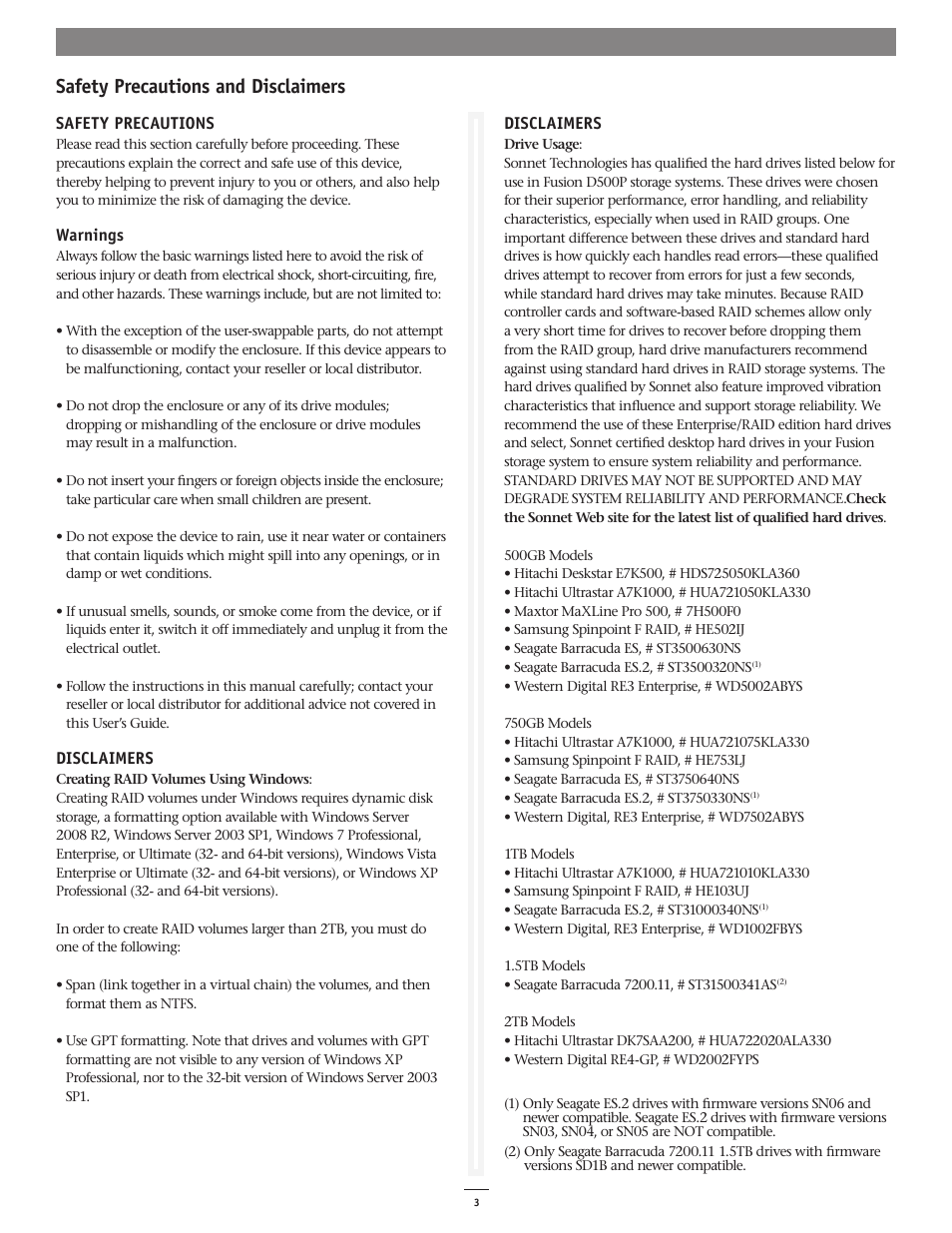 Safety precautions and disclaimers | Sonnet Technologies Fusion D500P (Without Drives) User Manual | Page 3 / 6