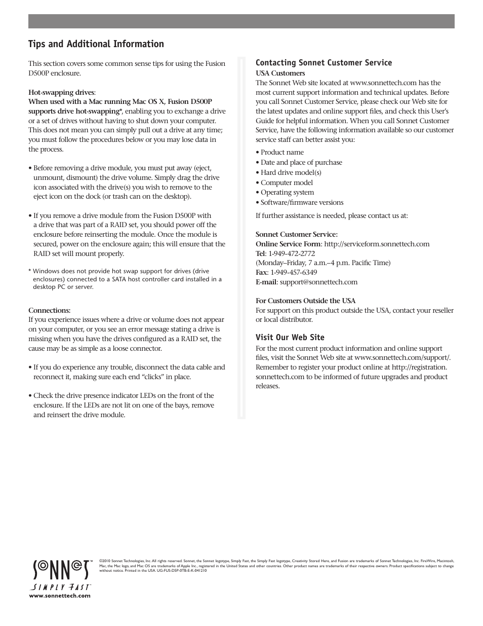 Tips and additional information | Sonnet Technologies Fusion D500P (Without Drives) User Manual | Page 6 / 6