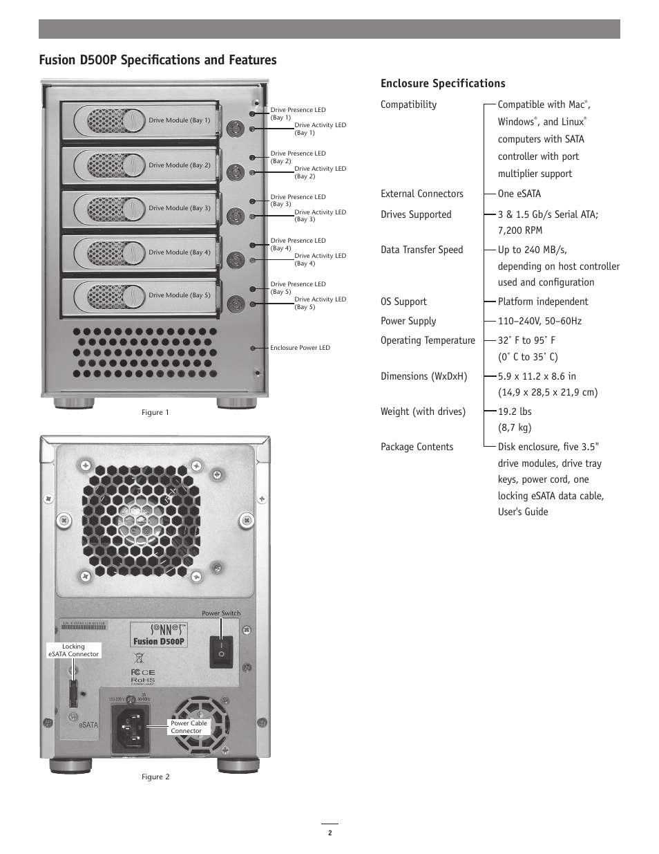 Fusion d500p specifications and features, Enclosure specifications | Sonnet Technologies Fusion D500P (With Drives) User Manual | Page 2 / 6