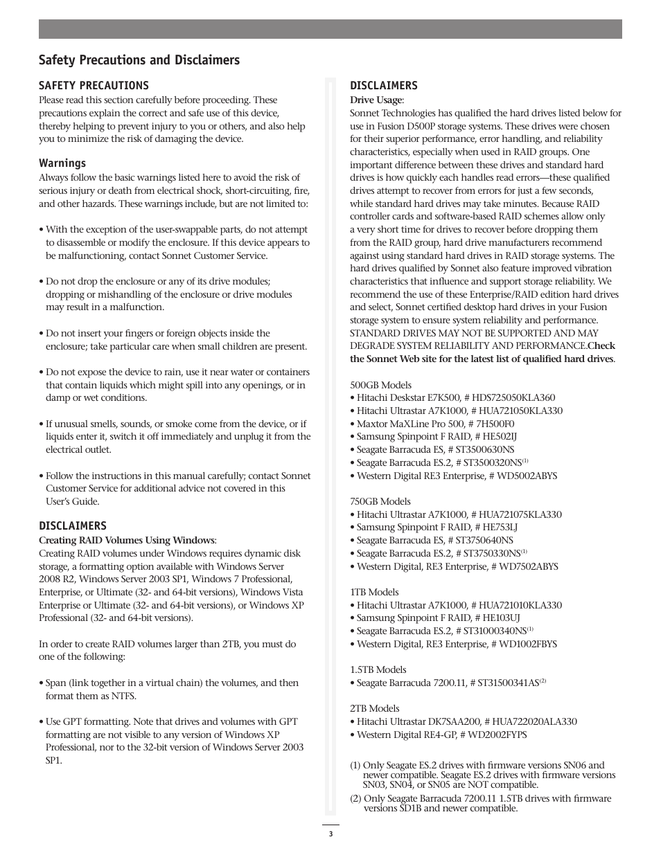 Safety precautions and disclaimers | Sonnet Technologies Fusion D500P (With Drives) User Manual | Page 3 / 6