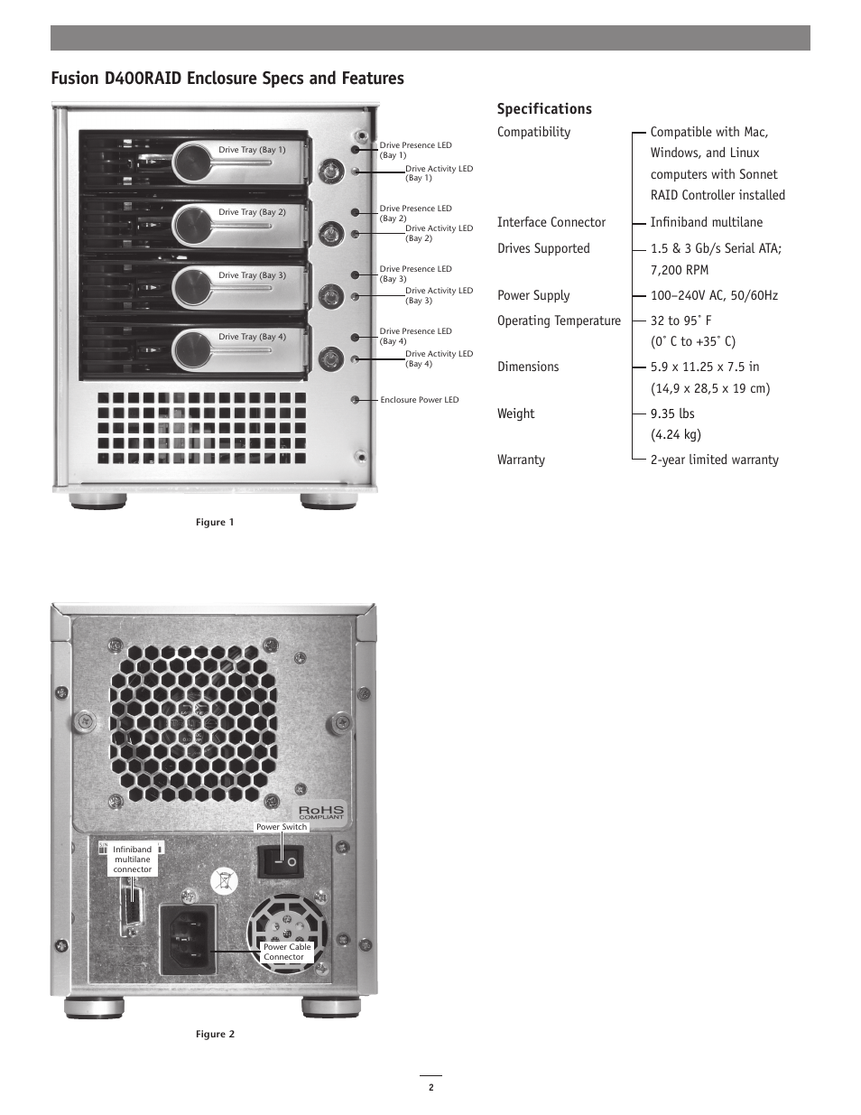 Fusion d400raid enclosure specs and features, Specifications | Sonnet Technologies Fusion D400RAID (Without Drives) User Manual | Page 2 / 6