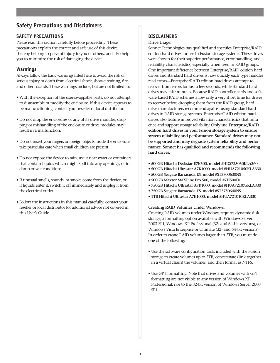 Safety precautions and disclaimers | Sonnet Technologies Fusion D400RAID (Without Drives) User Manual | Page 3 / 6