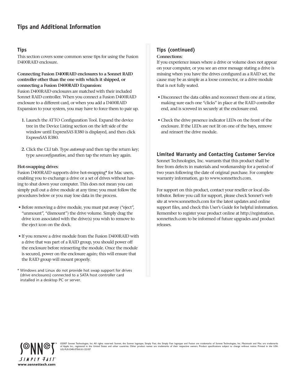 Tips and additional information | Sonnet Technologies Fusion D400RAID (Without Drives) User Manual | Page 6 / 6